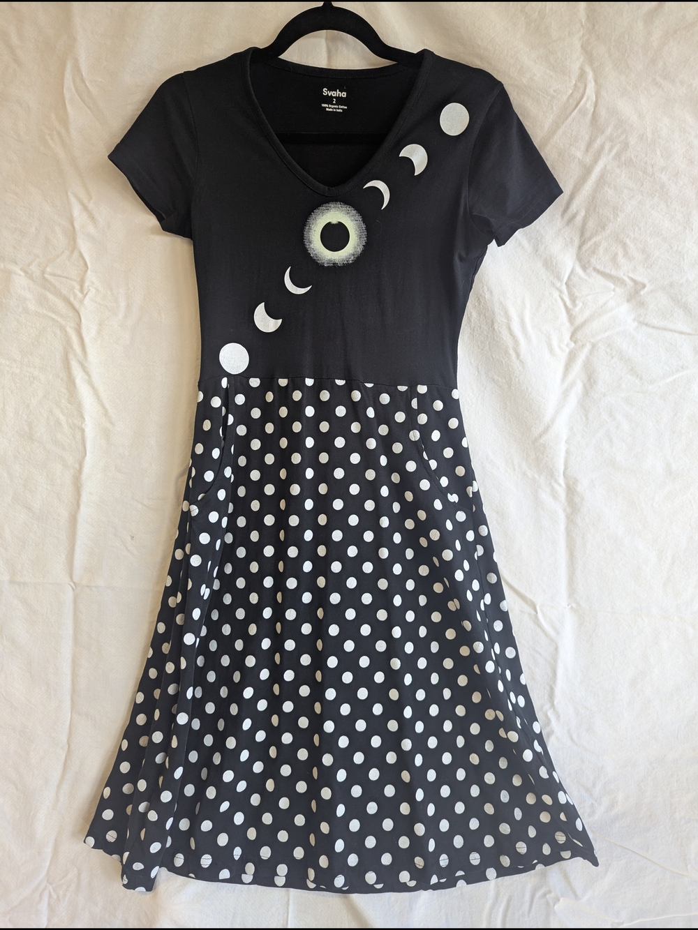 Svaha XS Eclipse/Moon-Phase Black Polka Dot Casual Dress